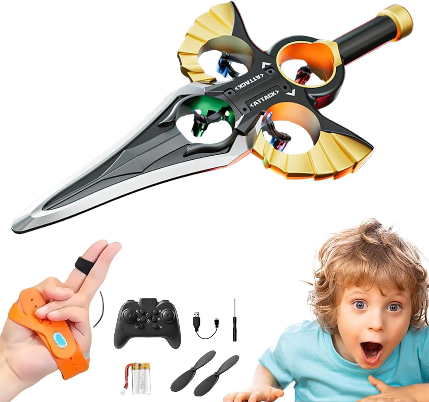 Flying Battle Sword, Flying Sword Drone, Flying Sword RC Airplane, Gesture & Remote Dual-Mode, 3-Speed 360° Flip Stunt Glider with Autopilot & LED Light, Drop-Proof Toy for Anyone (D-Dual Control)