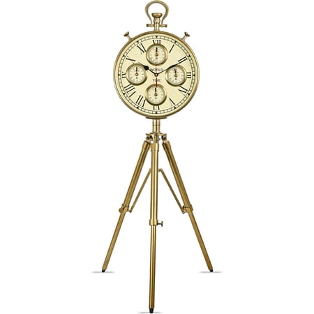 Vintage Brass World Time Tripod Floor Clock – Large Decorative Roman Numeral Standing Clock with 4 Time Zone Dials – Antique Style Home & Office Décor Accent (Antique Brass, Large)