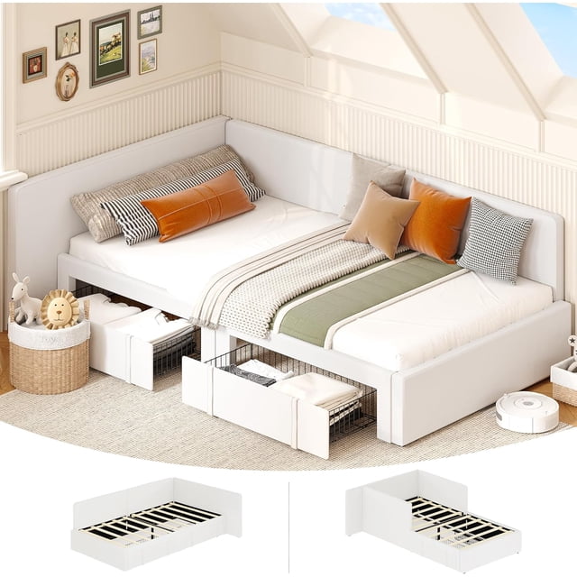 Twin Daybed with Storage Drawers, Velvet Upholstered Corner Bed Frame with Headboard, Modern Kids Bed with Bed Rails for Living Room, Bedroom, Easy Assembly, Beige