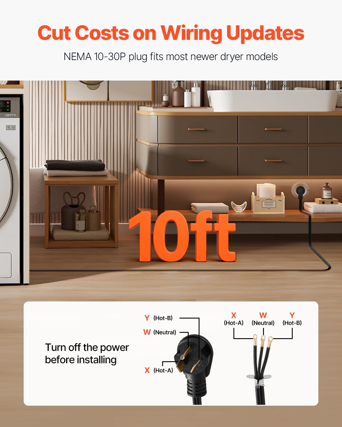 VEVOR 10 ft Dryer Power Cord, 3-Prong NEMA 10-30P Appliance Dryer Cord with Eyelet Connectors, 125V/250V,SDRT 10AWG/3C,30A,Pure Copper Wire Cable with PVC Cable Tie,Ideal for Indoor & Outdoor Use