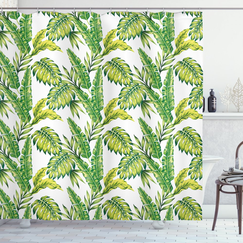 Jungle Shower Curtain, Bamboo Palm Plants Jungle Colored Exotic Leaf