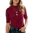 thumbnail image 5 of Slim Fit Mock Neck Short Sleeve Ribbed Knit Tops Womens Breathable Dressy Casual Business Layering Shirts, #03 Wine, XL, 5 of 6
