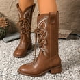 thumbnail image 2 of Wide Mid Calf Cowboy Combat Boots for Women 2025 Vintage Leather Lace up Pointed Toe Low Heel Cowgirl Riding Tall Boots Brown Size 7, 2 of 7
