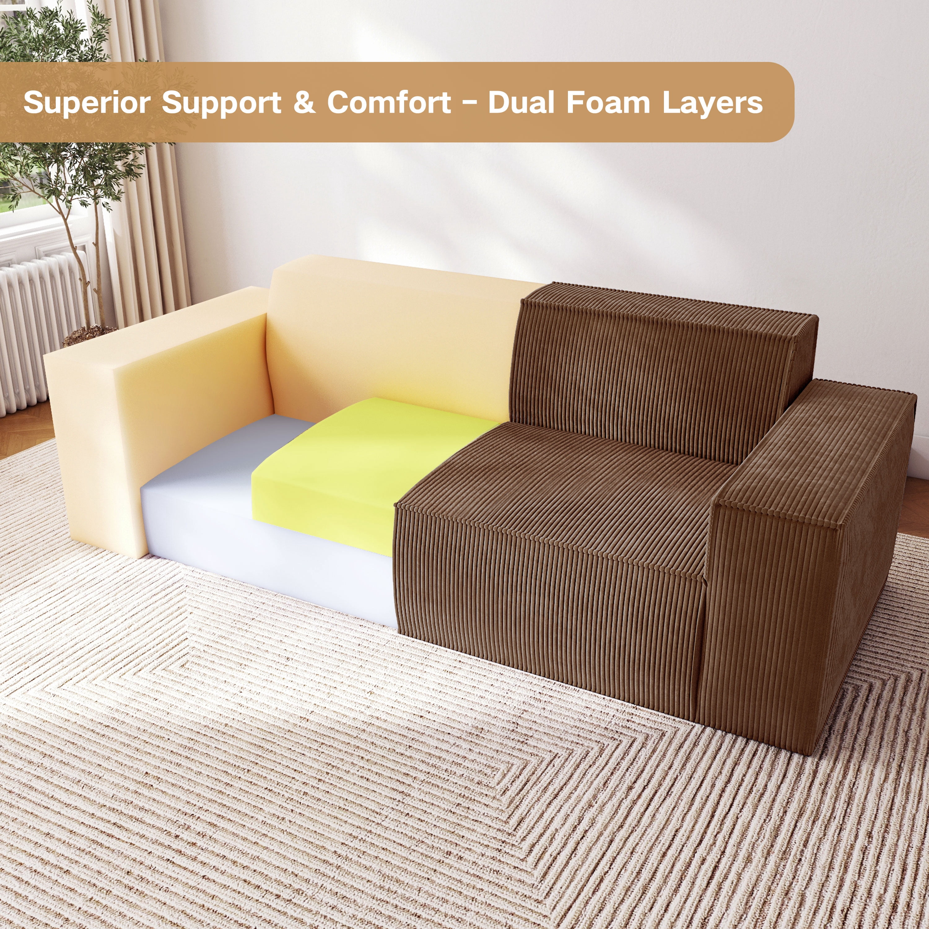Traumliebe Sofa-in-a-Box Memory Foam 3-Seater Adult Deep with Corduroy Fabric Couch for Living Room,Brown