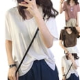 thumbnail image 5 of Women Summer Short Sleeve T-shirt Pure Color V-neck Base Shirt Top Loose Leisure, 5 of 6