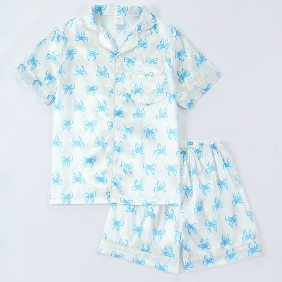 Huowey Toddler Kids Satin Pajama Short Set Lovely Print Button Up Turndown Collar Blouse Matching Elastic Waist Shorts Loungewear Outfits Soft Cozy For Girls Sleepwear Suit,Light Blue1,11-12 Years
