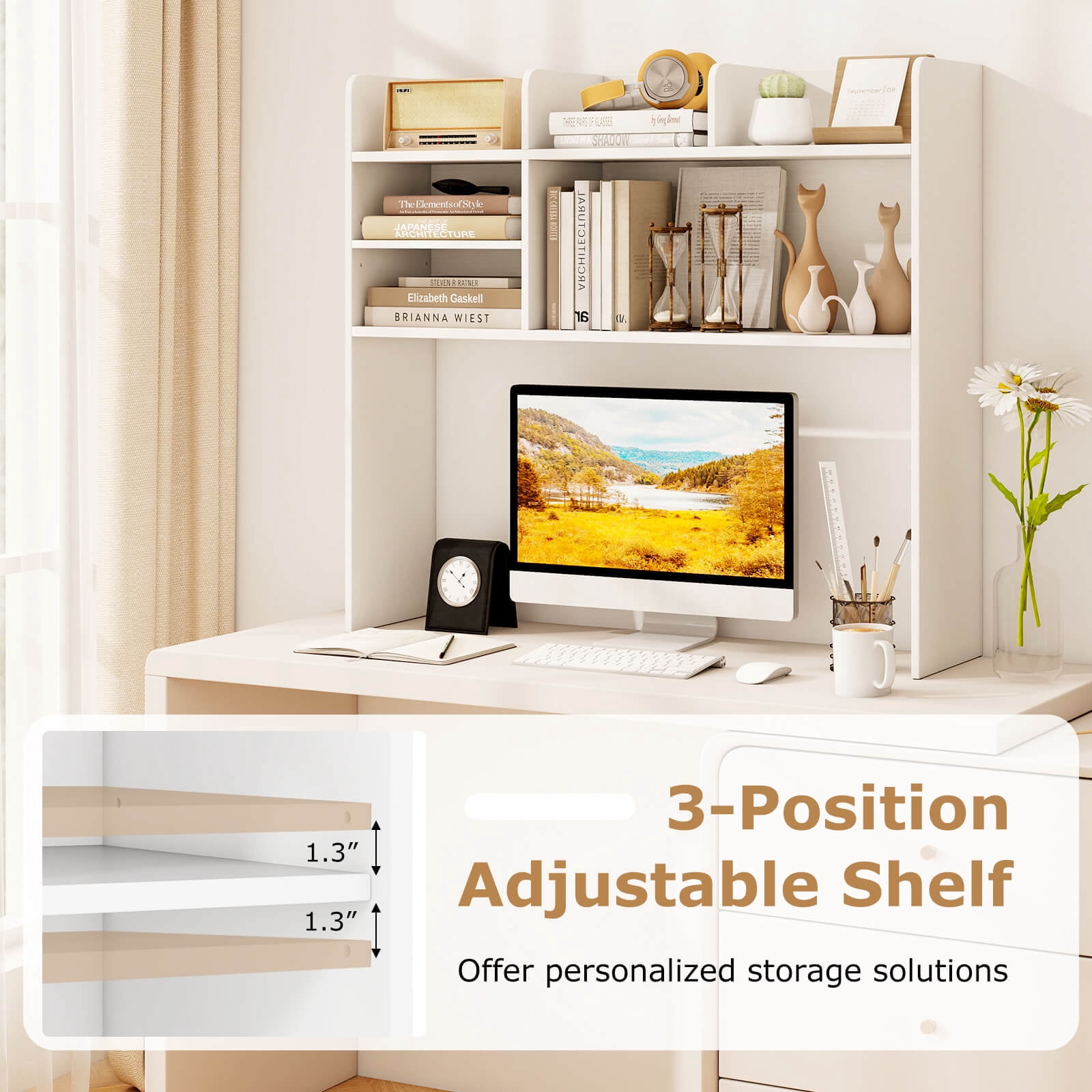 Costway 37" Desktop Bookshelf Wooden Organizer with 6 Shelves 2 Anti-tipping Devices White