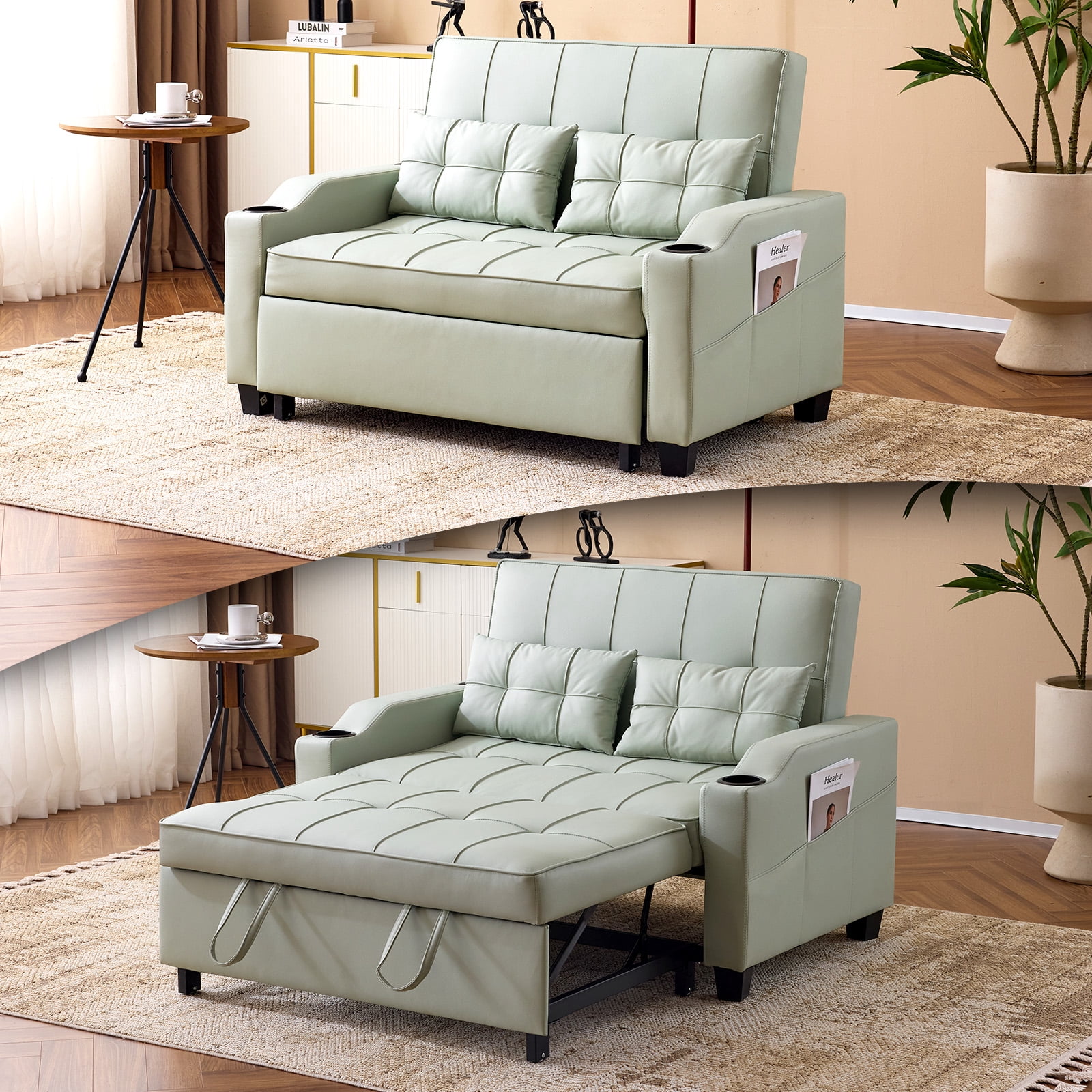 Ktaxon Faux Leather Loveseat Sofa Bed with Side Pockets, Adjustable Backrest Lounge for Living Room, Game Room Green