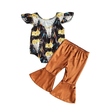 

Suanret Infant Baby Girls Printing Fly Sleeves Backless Romper Flare Pants Sets