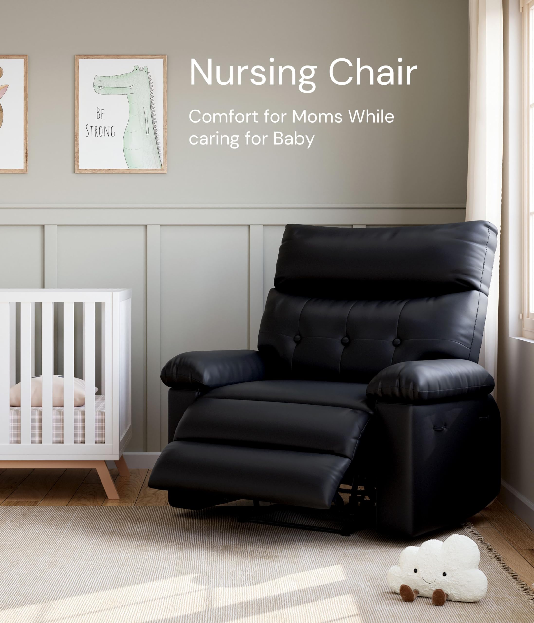 Oversized Rocker Recliner for Adults, Nursery Glider Recliner with Massage and Heating, Rocking Chair with 1.5X Sponge Comfort Arm and Back, Side Pockets, PU Leather Manual Recliner Chair
