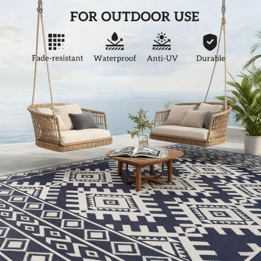 9' x 12' Blue & White Rhombus Border Reversible Outdoor Rug, Waterproof Patio Camping Carpet with Carry Bag, Foldable Portable RV Mat
