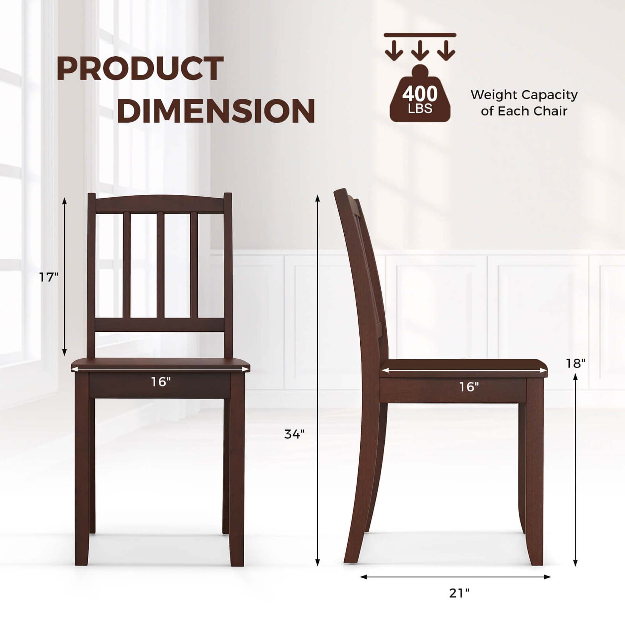 Costway Wood Dining Chair Set of 2 with Rubber Wood Legs Curved Backrest for Kitchen Brown