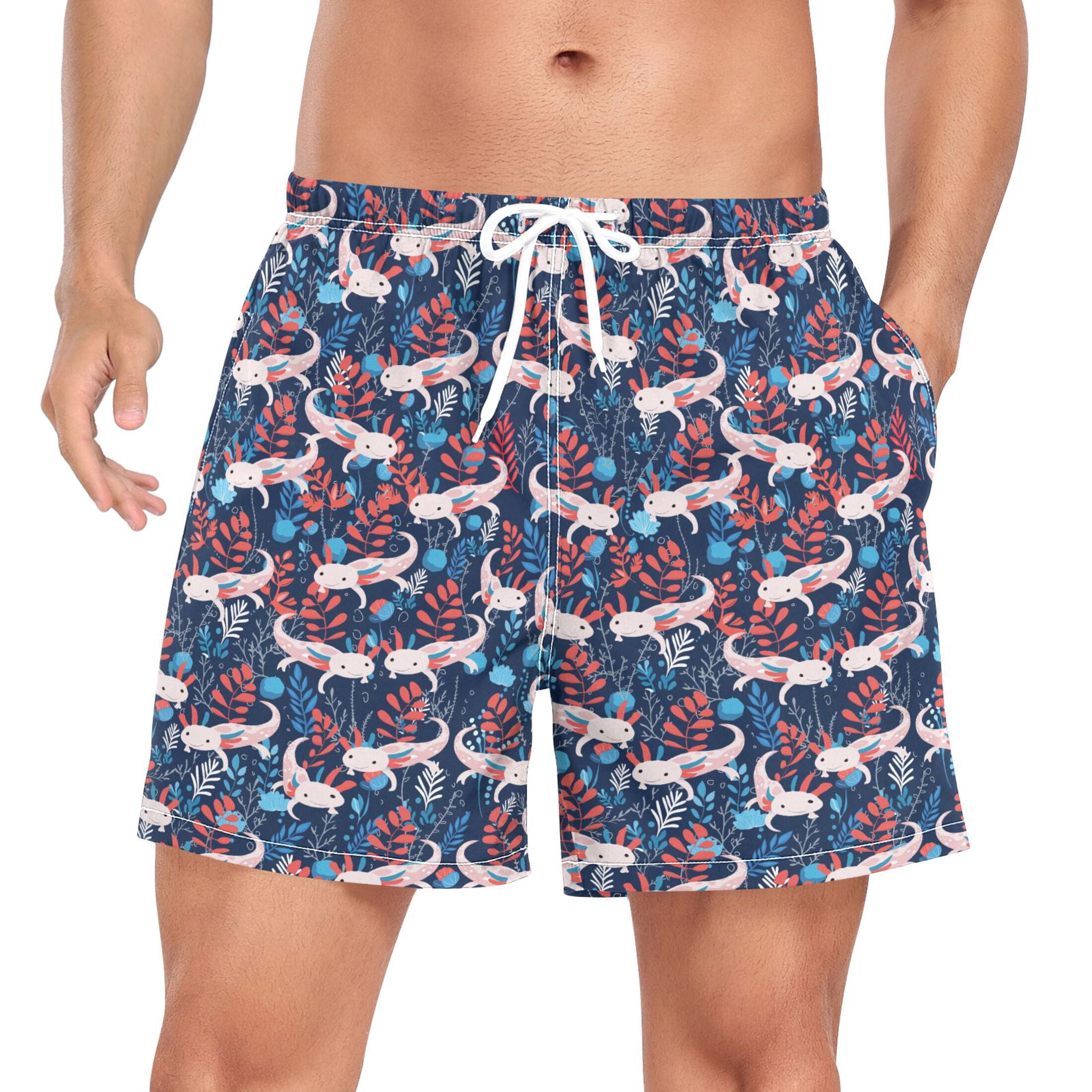 joogoo Men's Axolotl Cartoon Swim Trunks with Liner Pocket Beach Shorts XXL