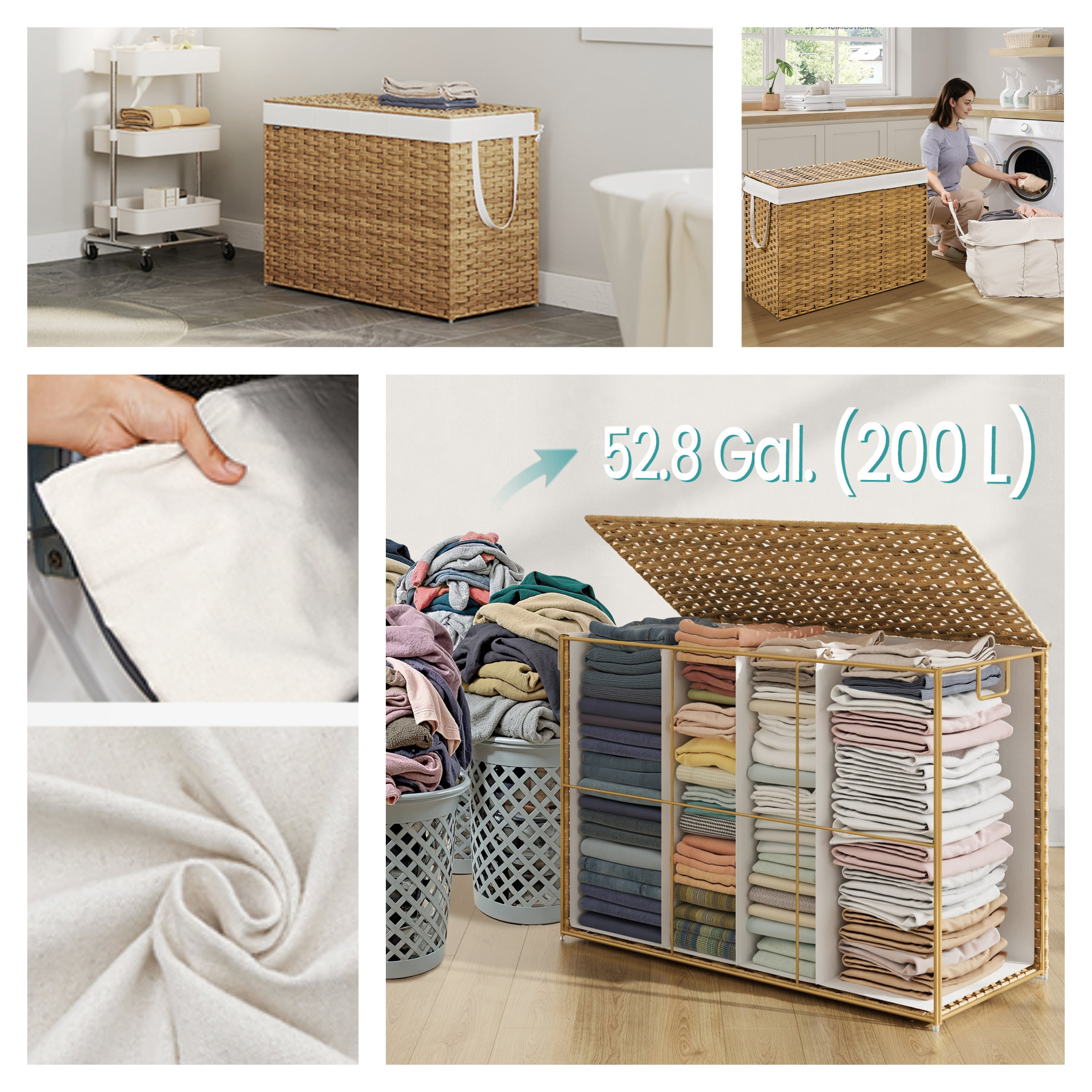 LEDREM 200L Double Laundry Hamper with Lid, 4 Sections & 6 Mesh Bags, Wicker Design, Removable Liners, for Bathroom/Bedroom, Natural