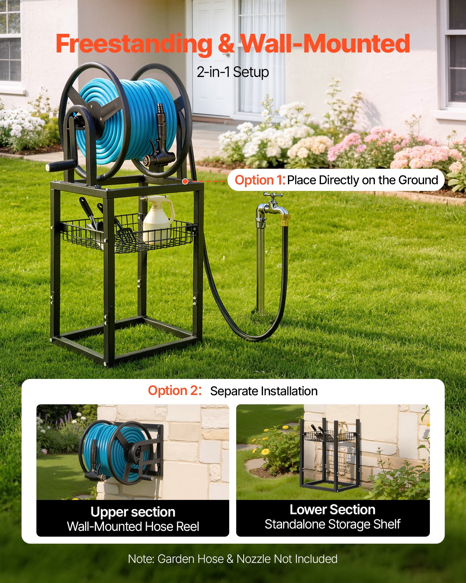 VEVOR Freestanding Garden Hose Reel, Holds 200 Feet of 5/8-inch Hose, Wall Mount or Ground Mount, Detachable Holder Stand with Storage Rack, 5 ft Leader Hose, Brass Fitting, 4 Spikes, for Backyards