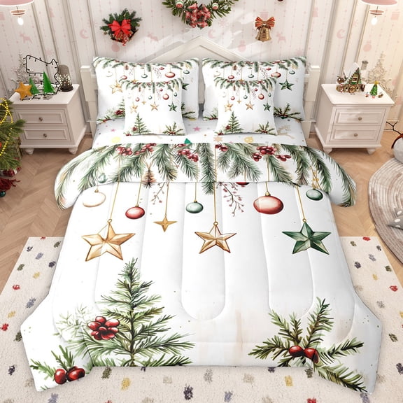 Feelyou Merry Christmas Child Twin Bedding Sets 7-Piece, Green Xmas Tree Bedding Comforter Set, Dreamy Stars Moon Reversible Sheet Sets, Lightweight Room Decor