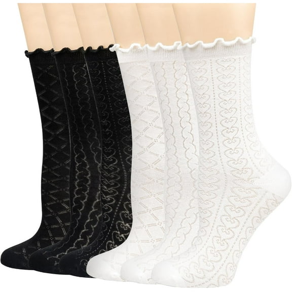YooGuoGuo Women's Ruffle Socks Mesh Casual Lace Cotton Crew Socks Summer Ultra Thin Cool Frilly Ankle Socks for Women 6 Pairs