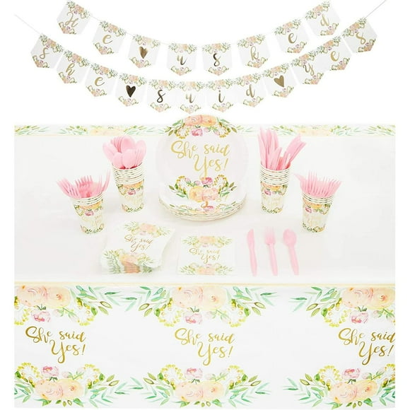Sert 24 Articles de Fête « She Said Yes » pour Douche Nuptiale, 146 Pcs Assiettes Serviettes Gobelets, Cadeaux Décorations Ensemble de Vaisselle en Papier Jetable pour Douche Nuptiale