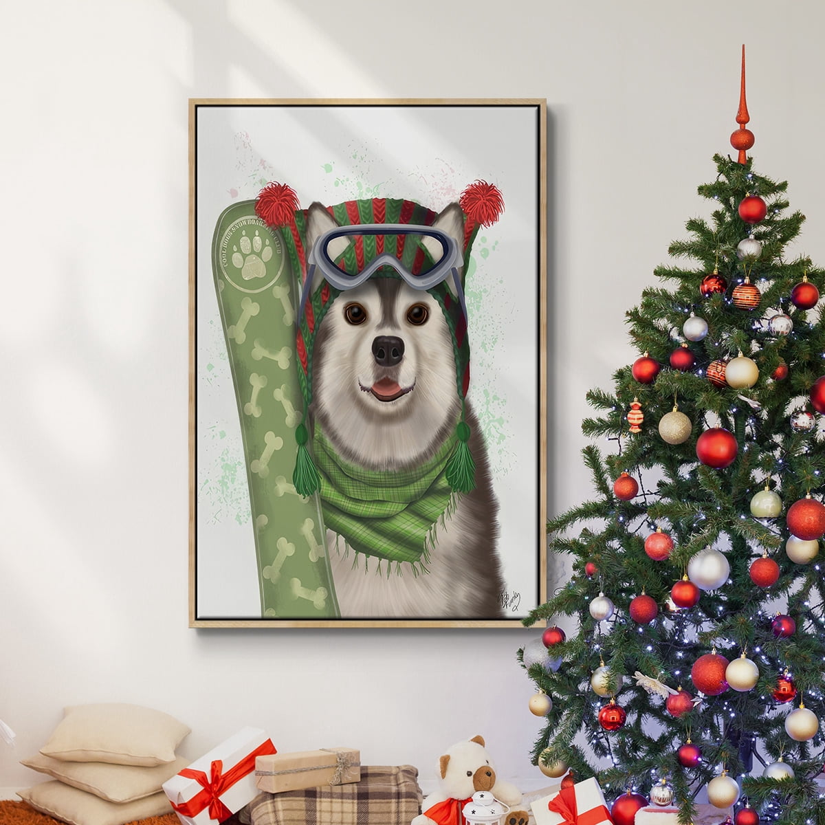 Christmas Husky Snowboard - Framed Gallery Wrapped Holiday Canvas - 27 x 41 - Natural Wood Frame