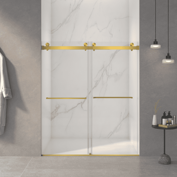 Lisonu Frameless Double Sliding Shower Door, 56-60"W x 70"H, 8mm Tempered Glass with Easy-Clean Coating, Stainless Steel Bypass Shower Enclosure, Brushed Gold