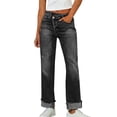 thumbnail image 3 of Women's Irregular Waistband Denim Jeans, Elastic Stretch Retro Streetwear Straight Leg Pants, Casual Distressed Jeans for Women, Unisex Baggy Trousers Black L, 3 of 5
