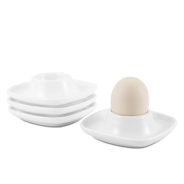 Ceramic Egg Cups Set of 4 Pack, Porcelain Hard Soft Boiled Egg Holder Keeper Container w/ Base, Stackable Serving Dish Plate Stand Serveware for Countertop Display Kitchen (White)