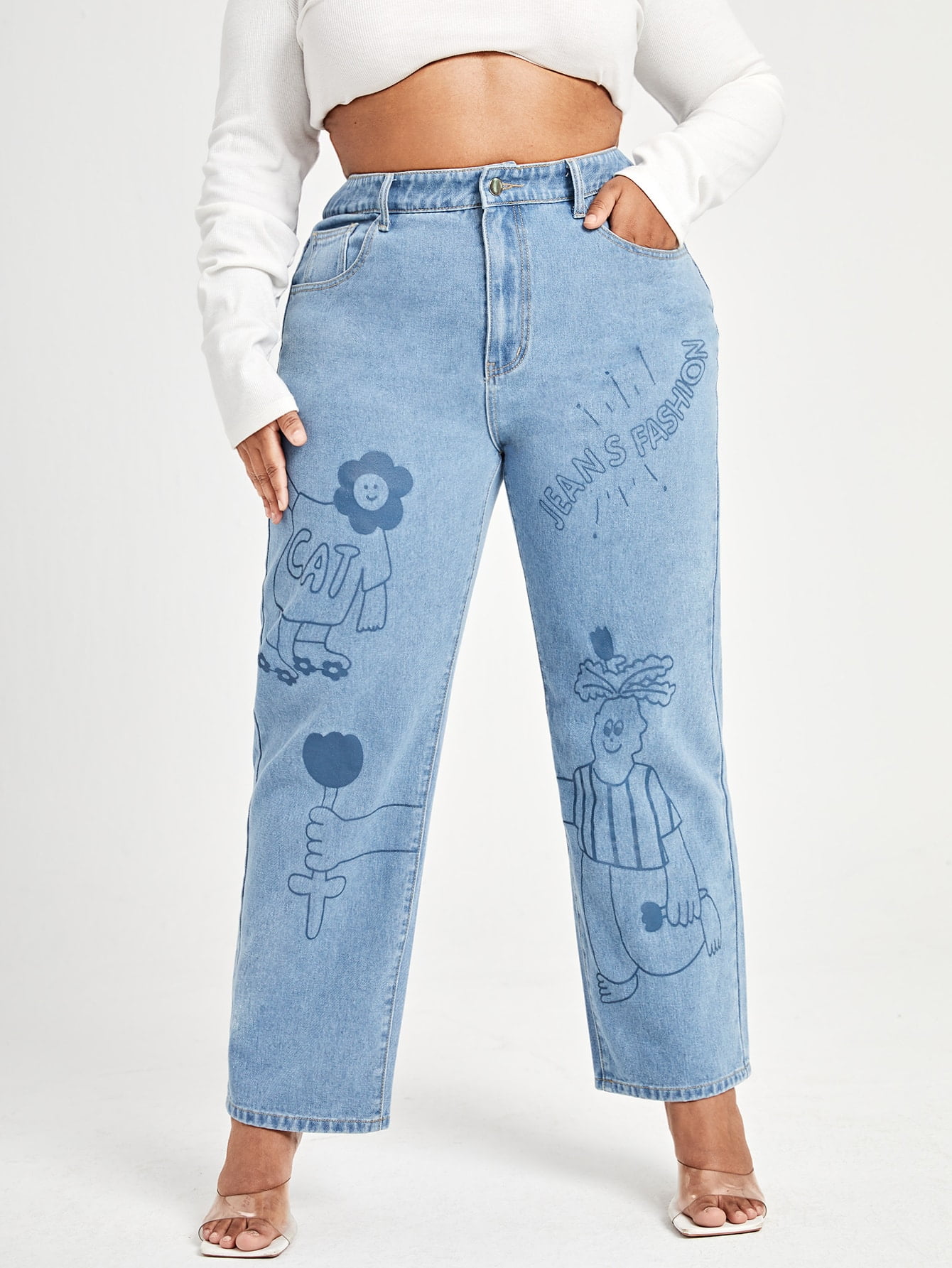 Women's Thicken Elastic High Waist Embroidery Cartoon Jeans Tapered Trousers