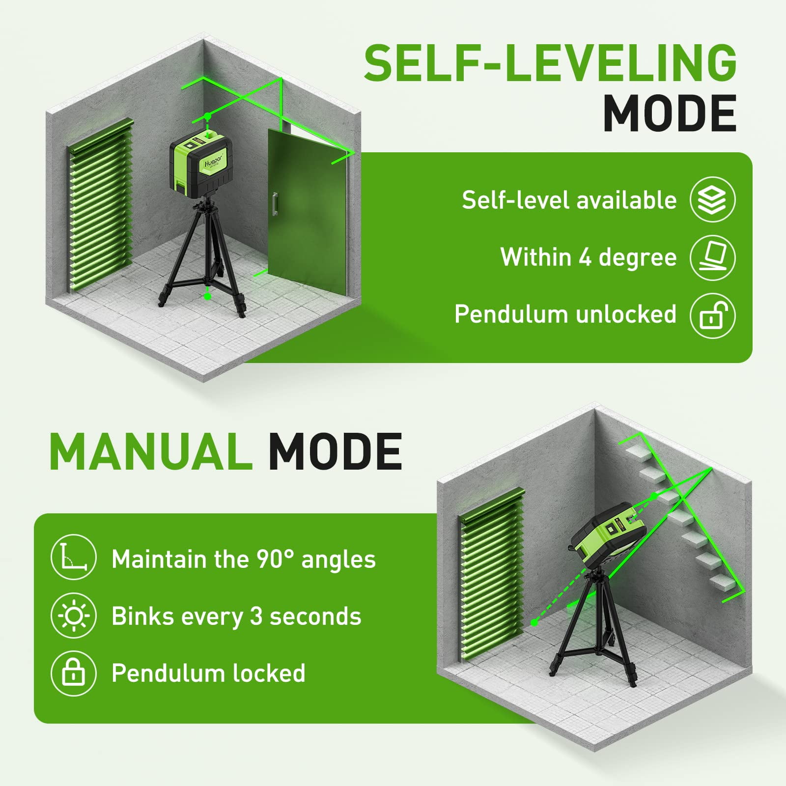 Huepar Green Beam Self-Leveling Laser Level Cross Line Laser Level Tools with 2 Plumb Dots and 360° Magnetic Pivoting Bracket