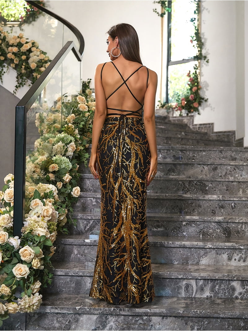 lace up backless sequin prom dress Backless V-Neck Sparkly Long Sexy Sequin Prom Dress Ivory/Gold/Silver / 4