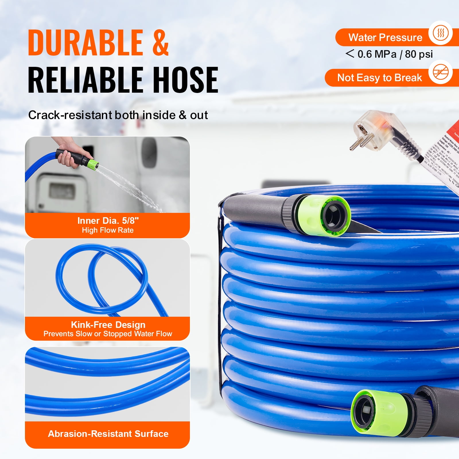 KFFKFF 30ft RV Heated Hose, Prevents Freezing Down to -45°F, Self-Regulating, 5/8" Inner Diameter, Includes 3/4" GHT Adapter, Free from Lead and BPA