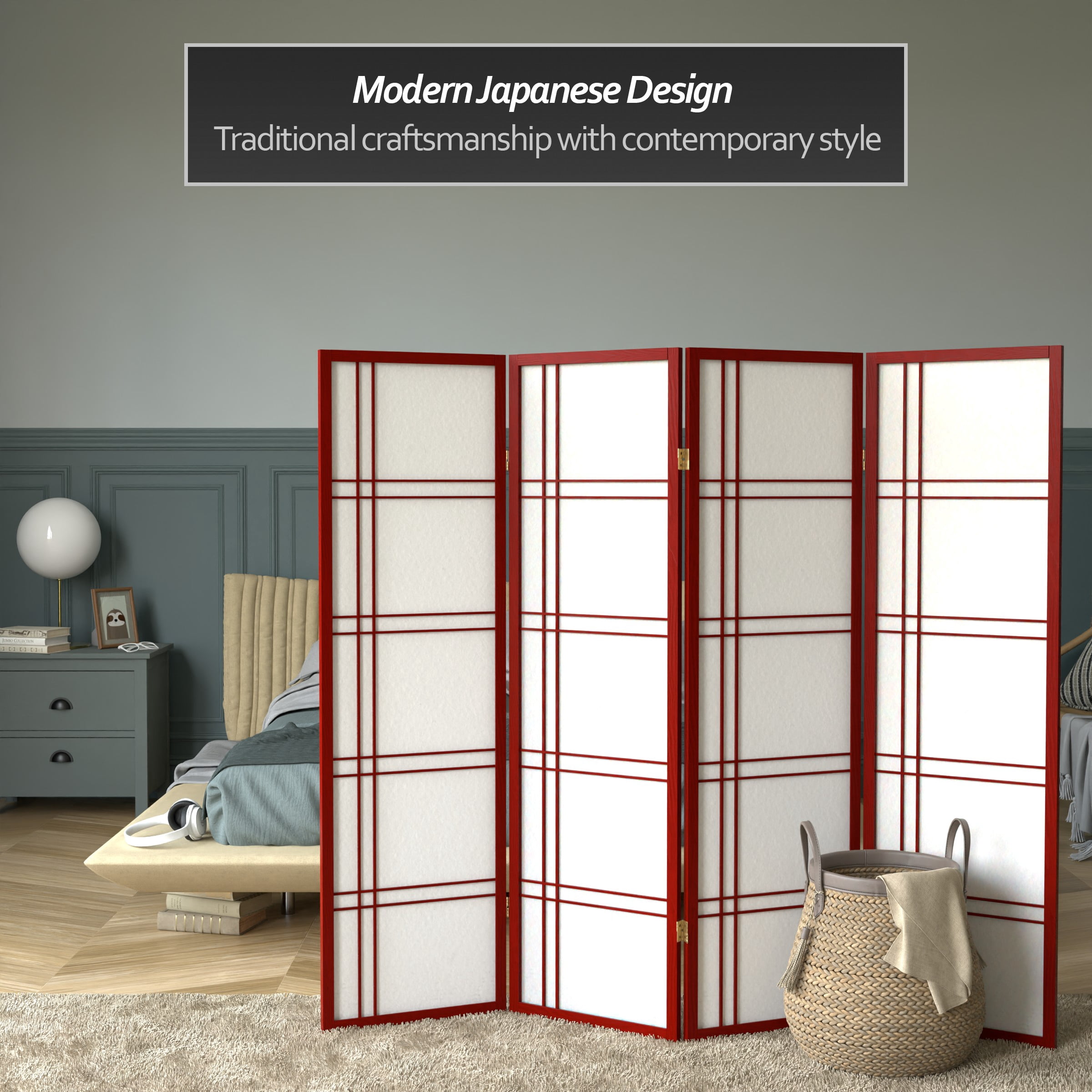 5 ft. Japanese Style Shoji Screen Room Divider with Double Cross Lattice - Rosewood - 4 Panel Folding