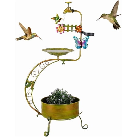Bird Bath for Outside, Solar Metal Outdoor Standing Birdbath with Flower Planter for Garden, Yard, Patio Decor, Green