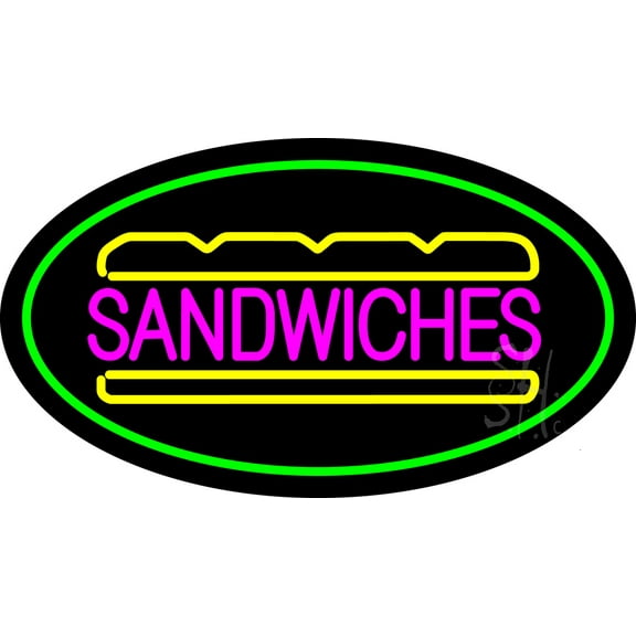 Oval Sandwiches Green LED Neon Sign 20 x 37 - inches, Black Square Cut Acrylic Backing, with Dimmer - Bright and Premium built indoor LED Neon Sign for restaurant window and interior decor.