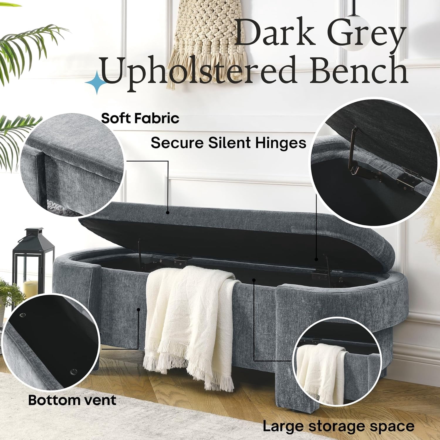 MOONMISS 51.5 Inch Chenille Storage Ottoman Bench with Flip Top No Assembly for Bedroom Entryway Living Room,Grey