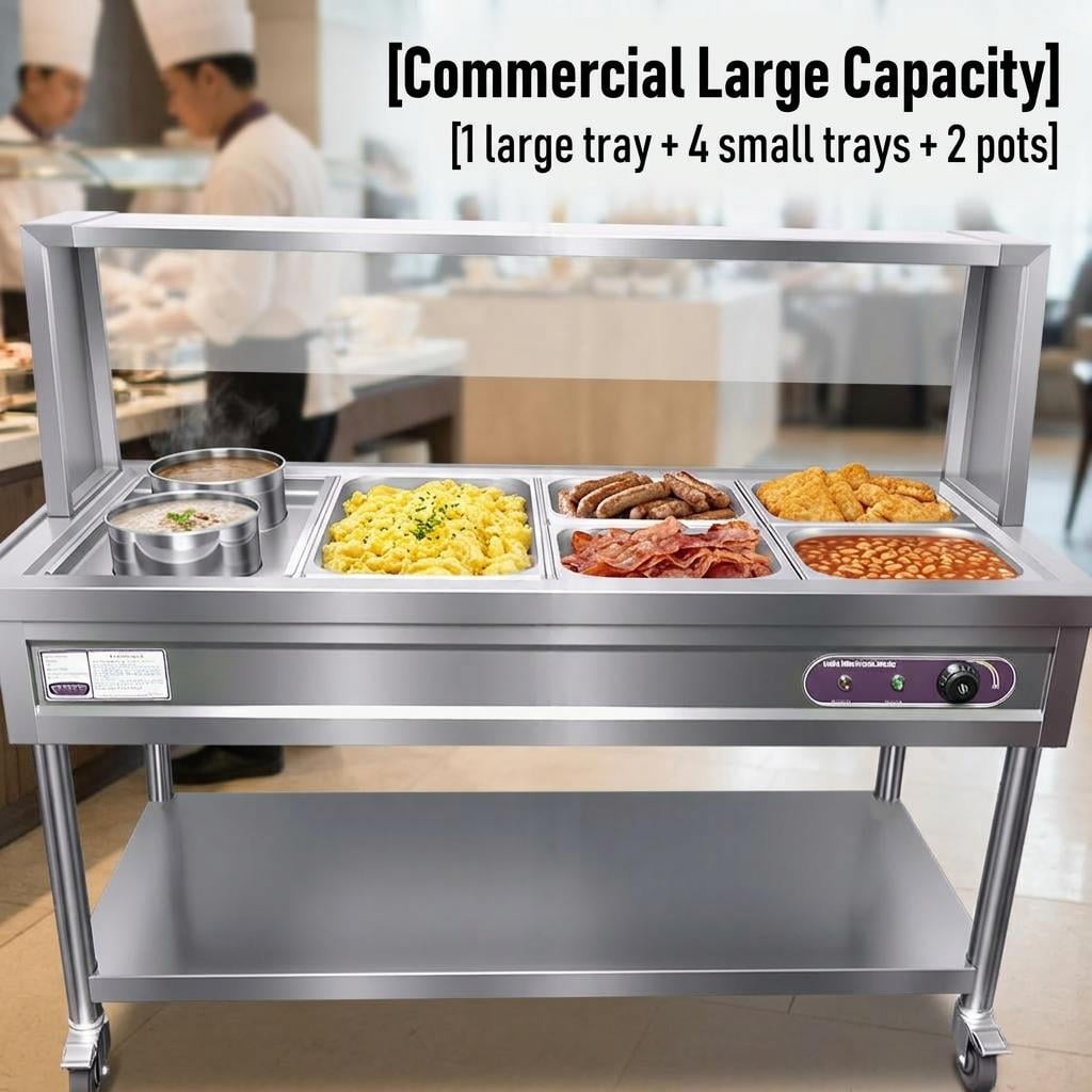 Adjustable Temperature 30℃-110℃ Commercial Food Warmer,Electric Steam Table with Shield Undershelf Wheels,Food Grade Stainless Steel Server for Hotel Catering