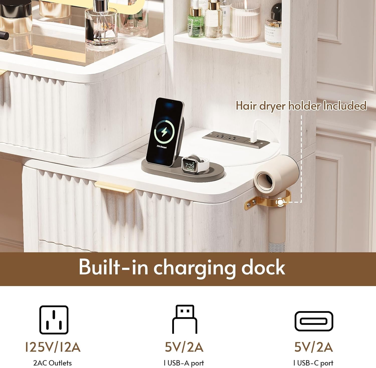 LAZZO 48" Wood Vanity with Glass Top, 3-Color Lights Mirror, Sliding Jewelry Organizer & Charging Station, White