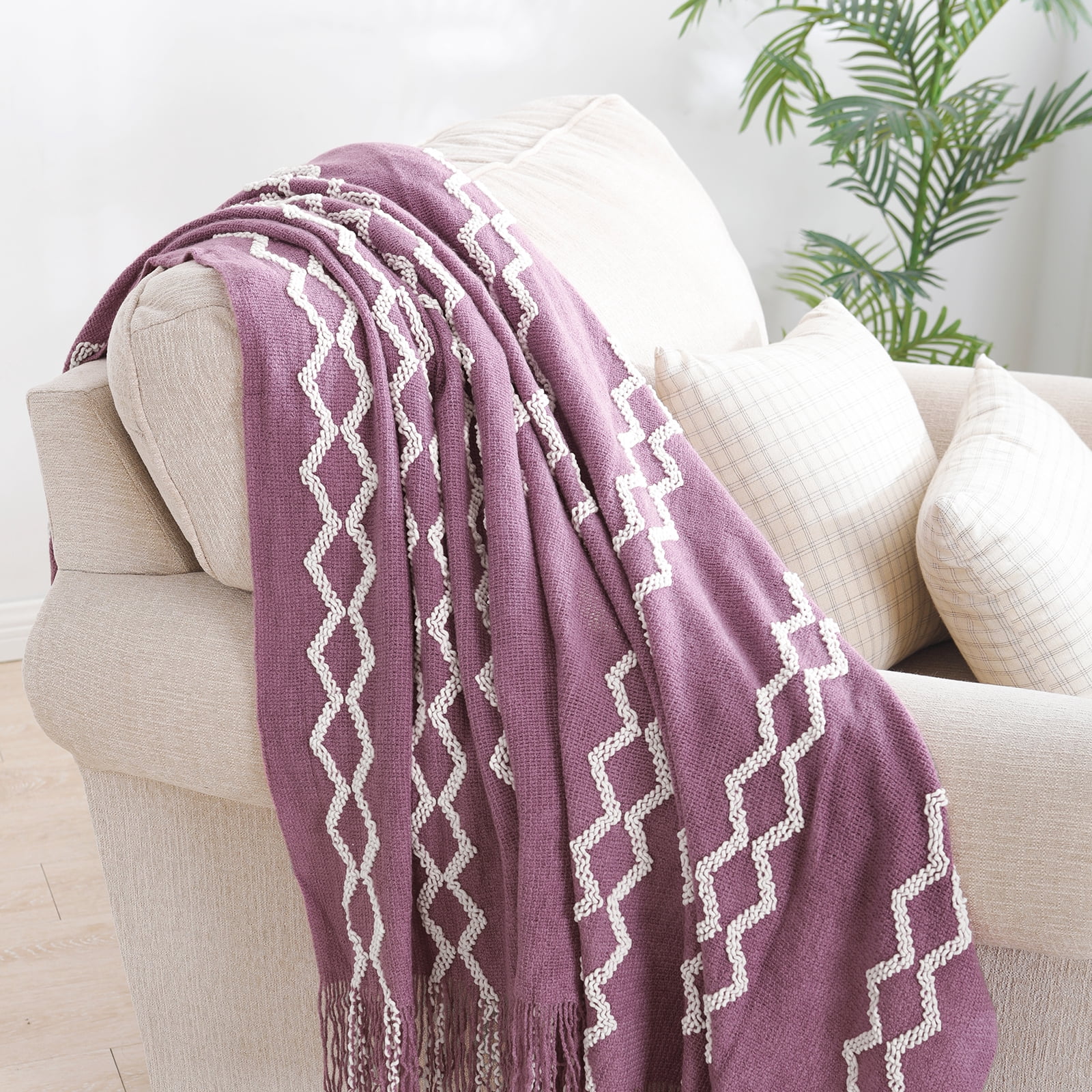 Bourina Fluffy Chenille Knitted Fringe Throw Blanket, Lightweight Soft Cozy Bed Sofa Chair Blanket, Deep Purple, 50" x 60"For Adults