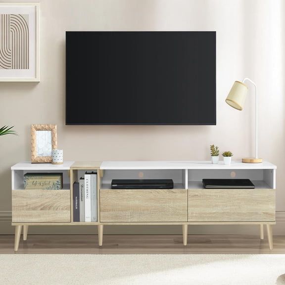 Modern TV Stand for TVs up to 80 Inches, 70.86 Inch Media Console with 3 Drawers and Open Shelves, Entertainment Center for Living Room, White and Natural Wood