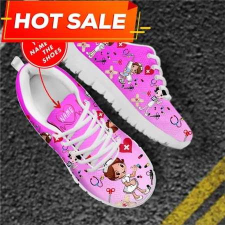 

Pink Nursing Shoes Ladies Flats Sneakers Cute Cartoon Nurse/Doctor Brand Design Air Mesh Lightweight Female Footwear
