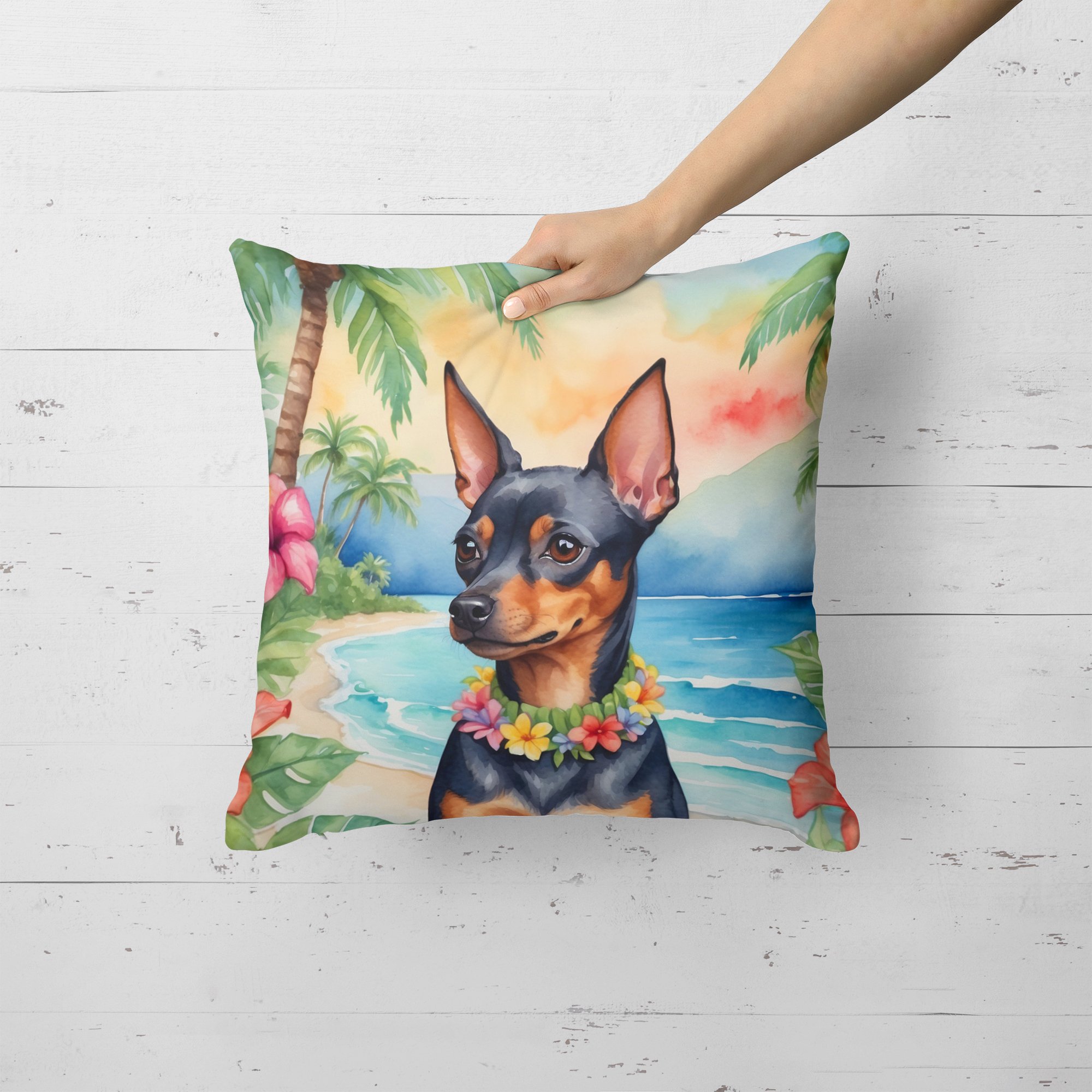 Miniature Pinscher Luau Throw Pillow 18 in x 18 in