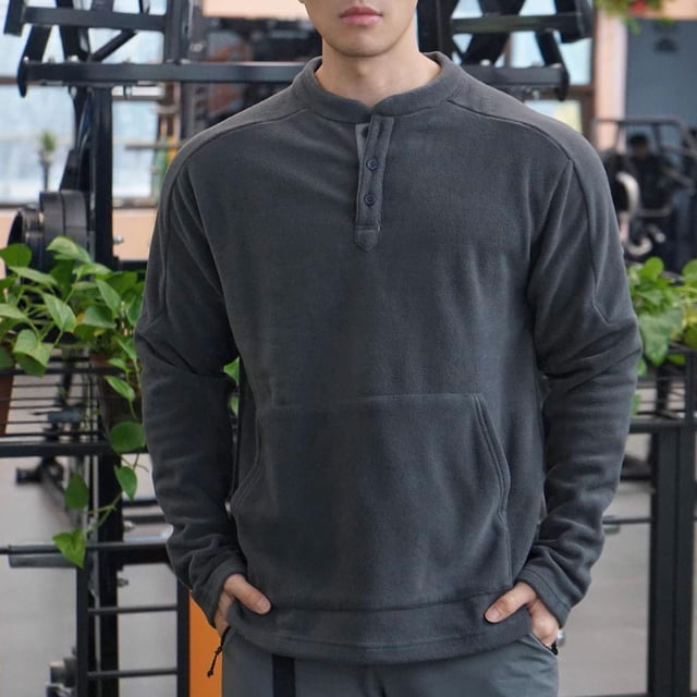 pstuiky manga larga para hombre, Suéter deportivo informal ajustado de manga larga, cuello redondo, medio botón y bolsillo para hombre, color sólido y cálido top de hombre s