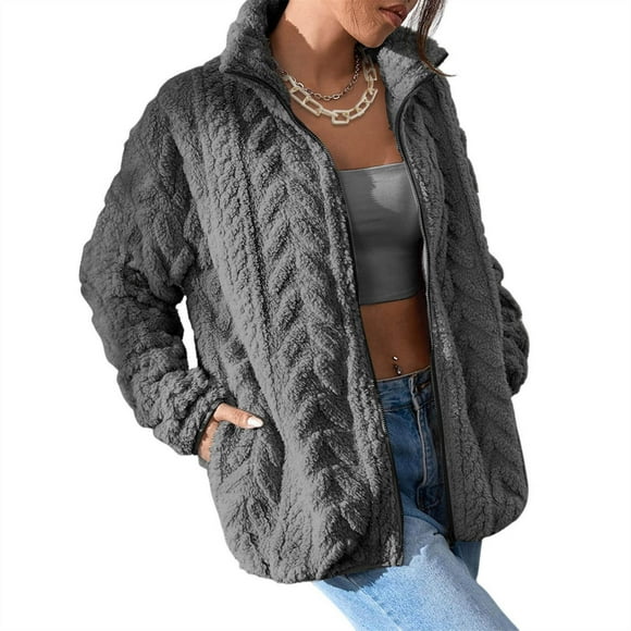 EGNMCR Long Sleeve Hoodless Casual Outwear & Jackets Women's Solid Sweater Long Sleeve Zipper Casual Coat Jacket Women Coat