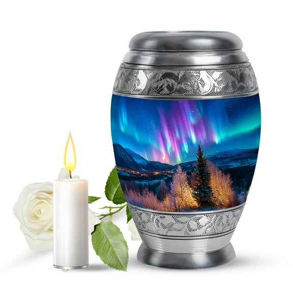 JAGASY Northern Lights Small Cremation Urn for Ashes Adult Male, Blue Urns for Human Ashes, Starry Sky Decorative Urns for Daughter, Mountain Memorial Keepsake Urn for Son, (3 Inch)