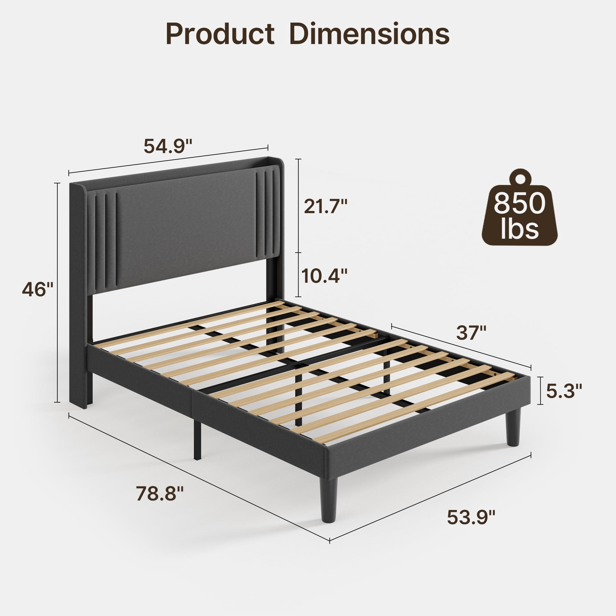 Asofer Full Bed Frame w/Upholstered Wingback, Wood Slats, Charging Station & LED Lights, Dark Gray