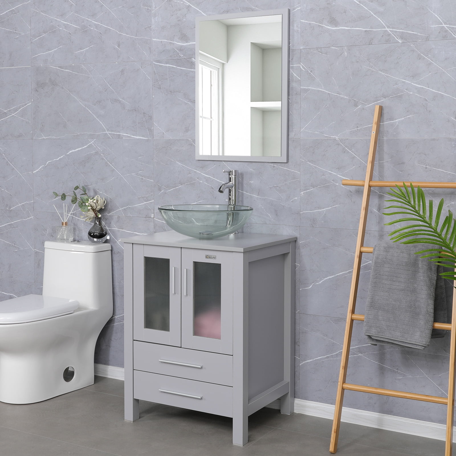 Eclife 24" Gray Bathroom Vanity Set with Wood Top, Clear Glass Sink, Water Saving Faucet, Pop up Drain Combo