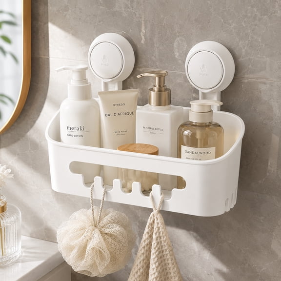 White Shower Caddy Suction Cup, Shower Organizer Removable Bathroom Shelf, 22lbs Bathroom Caddy Waterproof Holder