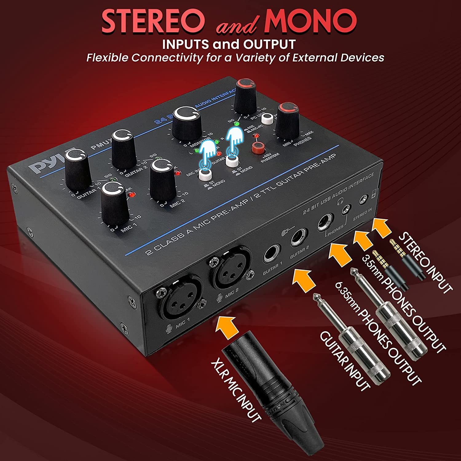Professional USB Audio Interface with MIC/LINE, Guitar, AUX Stereo and RCA Inputs, Phone/Stereo/Monitor Outputs