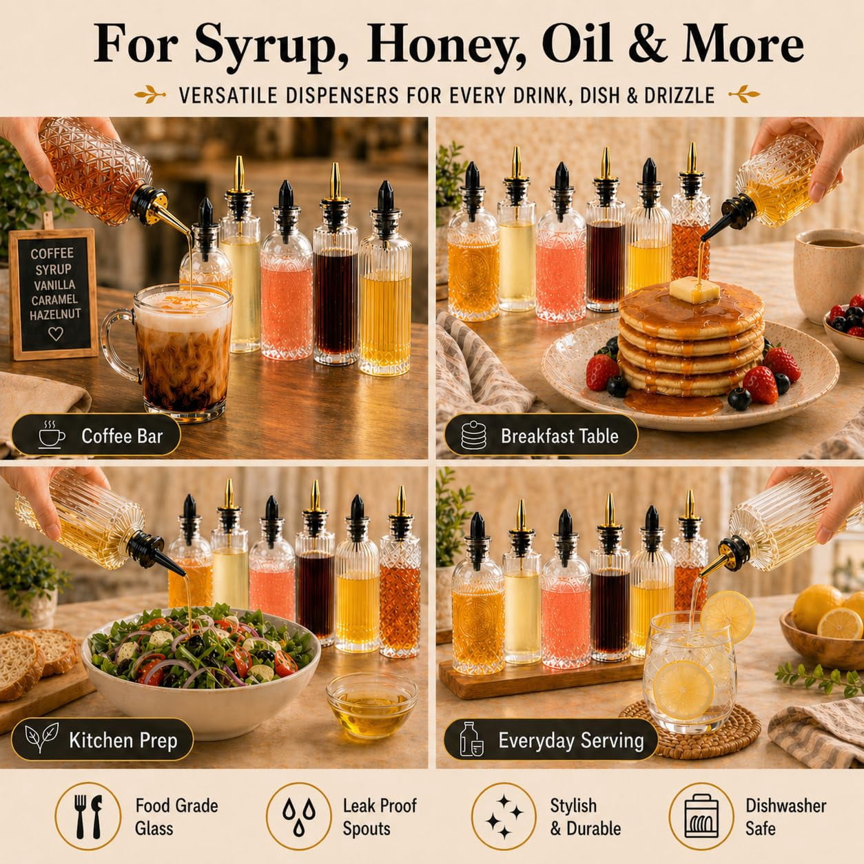 Syrup Dispenser Bottles Set Of 6  Simple Bottle For Coffee Bar Accessories 5oz & 7oz Glass Containers Maple Honey Oil Metal Pour Spouts Labels
