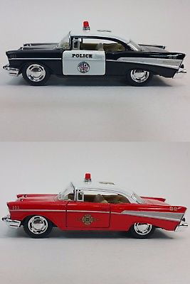 2 PC Set Kinsmart 5" 1957 Chevrolet Bel Air Police Fire Diecast Model Toy 1:40 
