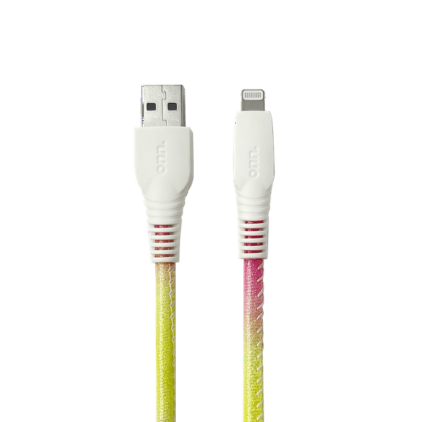 onn. Lightning to USB Glitter Cable, Yellow & Pink, 6'